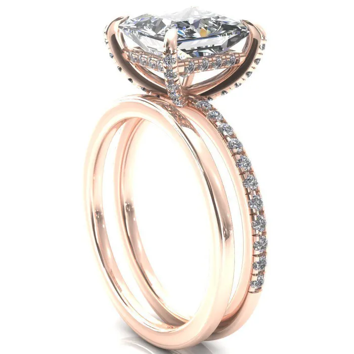 Fire Brilliance Rings Ezili PrincessSquare Moissanite 4 Claw Prong Micro Pave Diamond Sides Engagement Ring