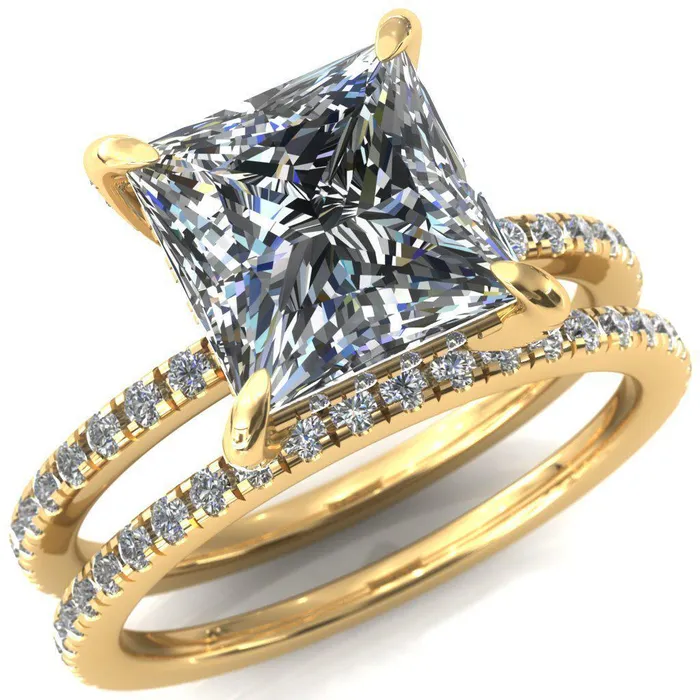Fire Brilliance Rings Ezili PrincessSquare Moissanite 4 Claw Prong Micro Pave Diamond Sides Engagement Ring