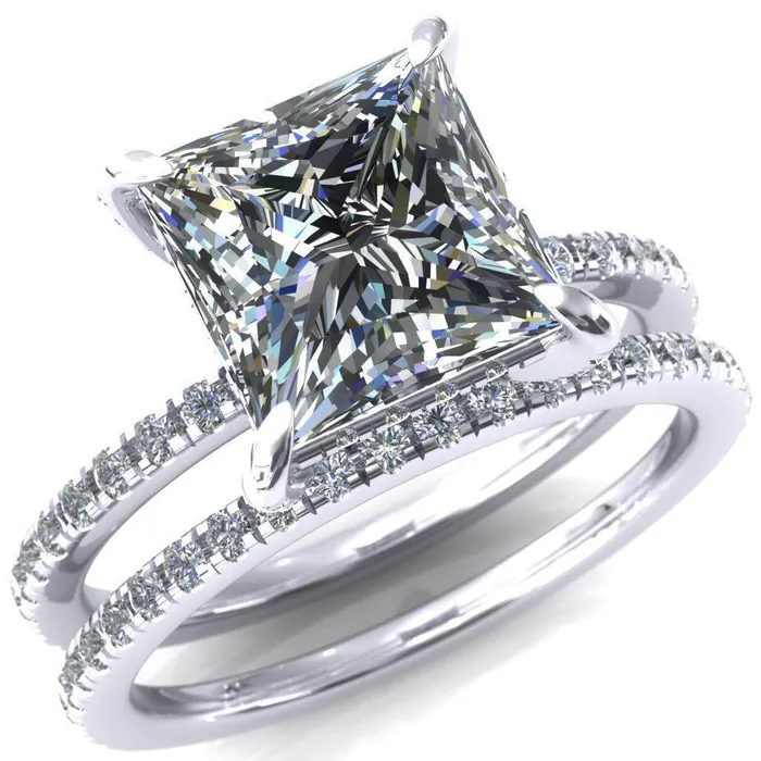 Fire Brilliance Rings Ezili PrincessSquare Moissanite 4 Claw Prong Micro Pave Diamond Sides Engagement Ring