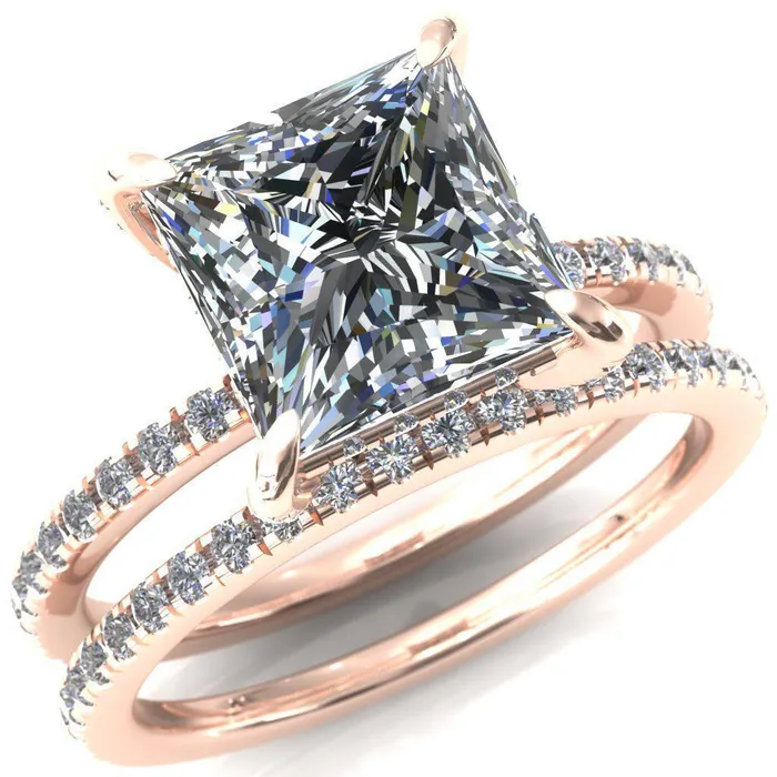 Fire Brilliance Rings Ezili PrincessSquare Moissanite 4 Claw Prong Micro Pave Diamond Sides Engagement Ring