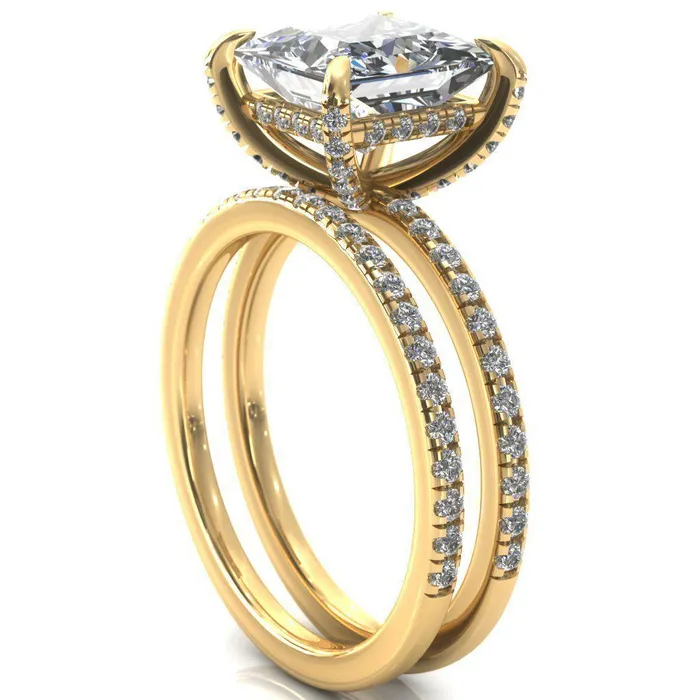 Fire Brilliance Rings Ezili PrincessSquare Moissanite 4 Claw Prong Micro Pave Diamond Sides Engagement Ring