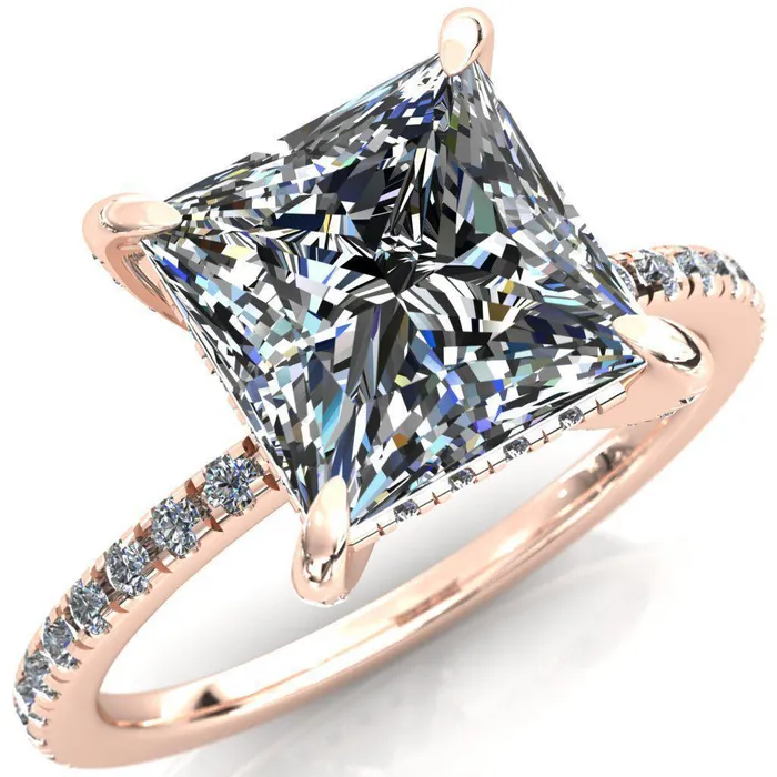 Fire Brilliance Rings Ezili PrincessSquare Moissanite 4 Claw Prong Micro Pave Diamond Sides Engagement Ring