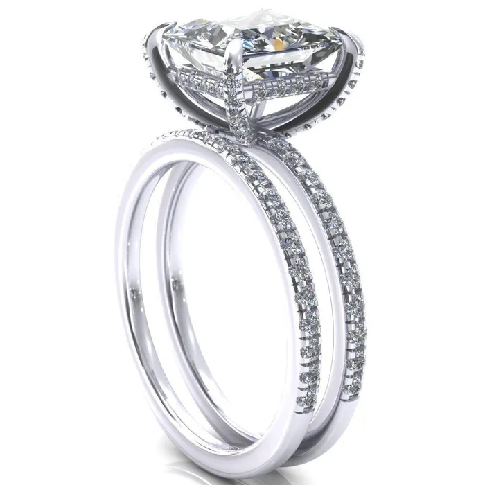 Fire Brilliance Rings Ezili PrincessSquare Moissanite 4 Claw Prong Micro Pave Diamond Sides Engagement Ring