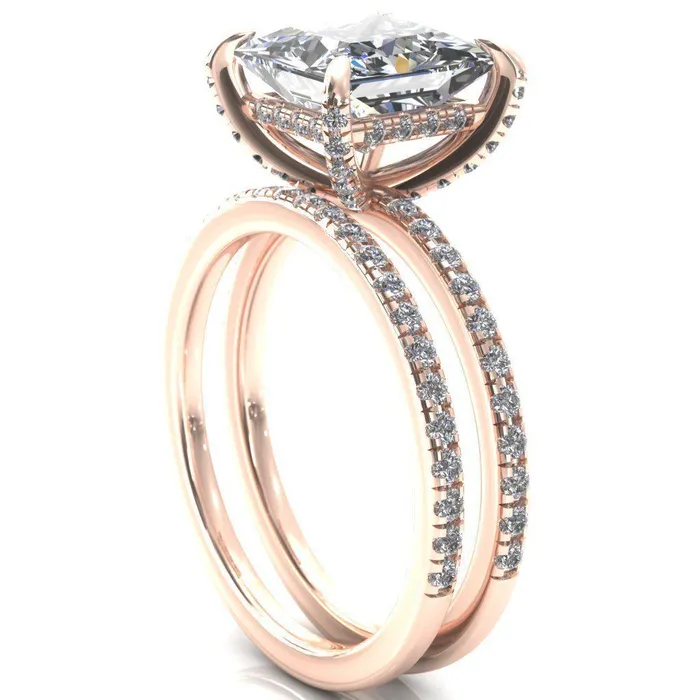 Fire Brilliance Rings Ezili PrincessSquare Moissanite 4 Claw Prong Micro Pave Diamond Sides Engagement Ring
