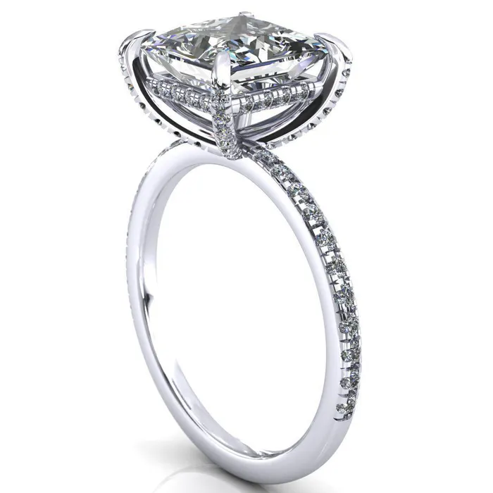 Fire Brilliance Rings Ezili PrincessSquare Moissanite 4 Claw Prong Micro Pave Diamond Sides Engagement Ring