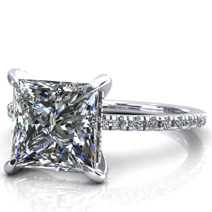 Fire Brilliance Rings Ezili PrincessSquare Moissanite 4 Claw Prong Micro Pave Diamond Sides Engagement Ring
