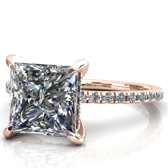 Fire Brilliance Rings Ezili PrincessSquare Moissanite 4 Claw Prong Micro Pave Diamond Sides Engagement Ring