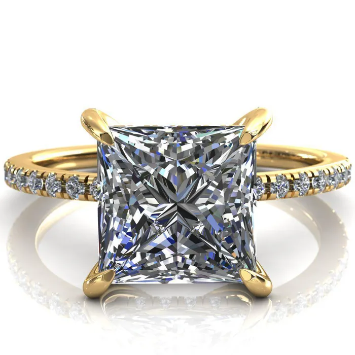 Fire Brilliance Rings Ezili PrincessSquare Moissanite 4 Claw Prong Micro Pave Diamond Sides Engagement Ring