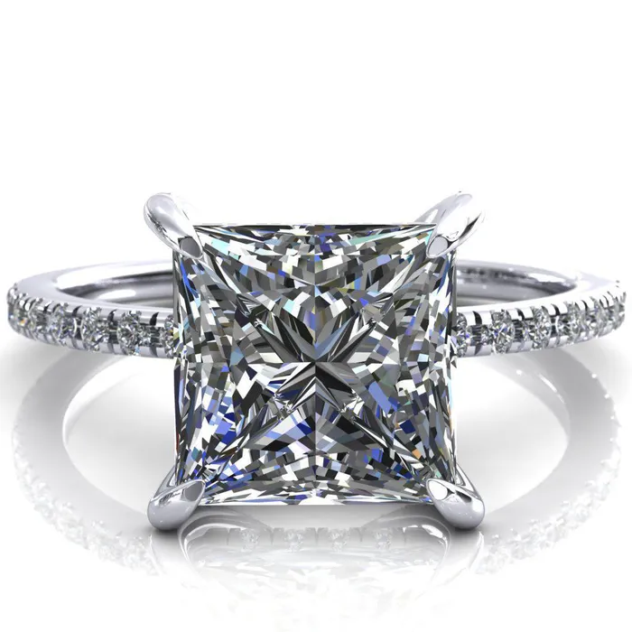 Fire Brilliance Rings Ezili PrincessSquare Moissanite 4 Claw Prong Micro Pave Diamond Sides Engagement Ring