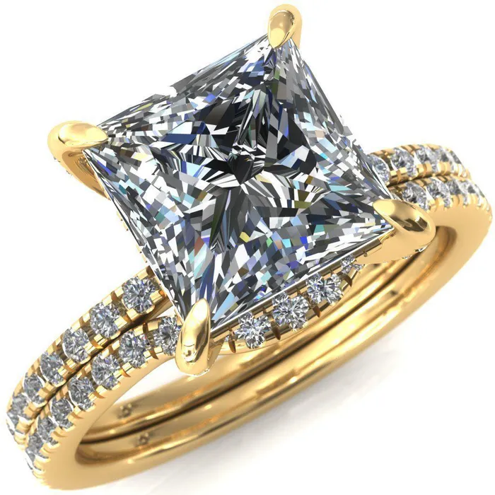Fire Brilliance Rings Ezili PrincessSquare Moissanite 4 Claw Prong Micro Pave Diamond Sides Engagement Ring