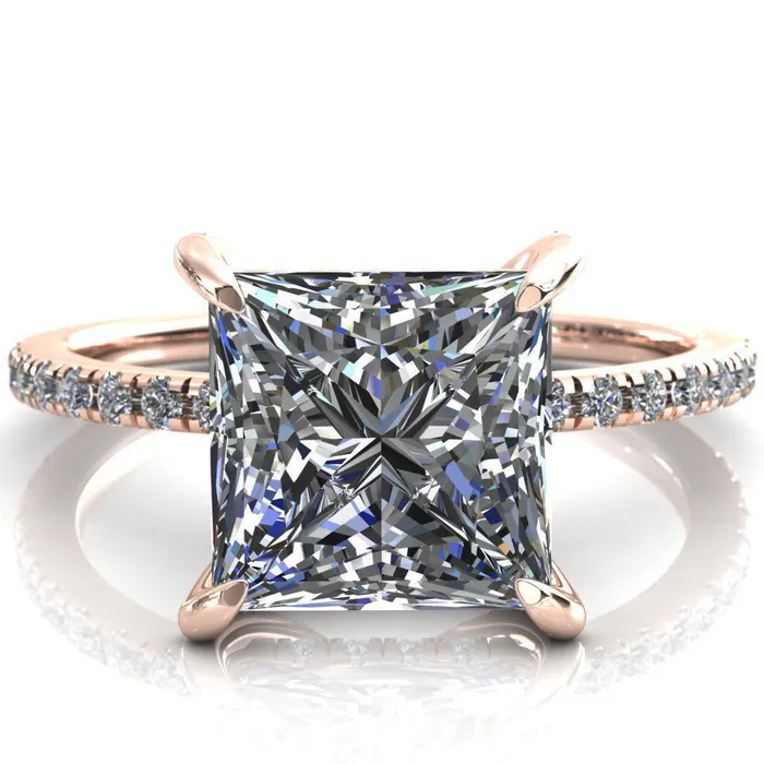 Fire Brilliance Rings Ezili PrincessSquare Moissanite 4 Claw Prong Micro Pave Diamond Sides Engagement Ring