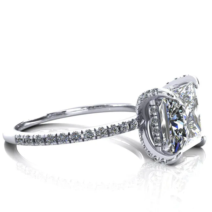 Fire Brilliance Rings Ezili PrincessSquare Moissanite 4 Claw Prong Micro Pave Diamond Sides Engagement Ring