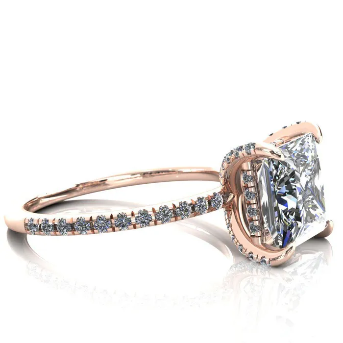 Fire Brilliance Rings Ezili PrincessSquare Moissanite 4 Claw Prong Micro Pave Diamond Sides Engagement Ring
