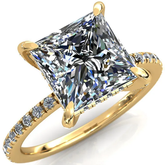 Fire Brilliance Rings Ezili PrincessSquare Moissanite 4 Claw Prong Micro Pave Diamond Sides Engagement Ring