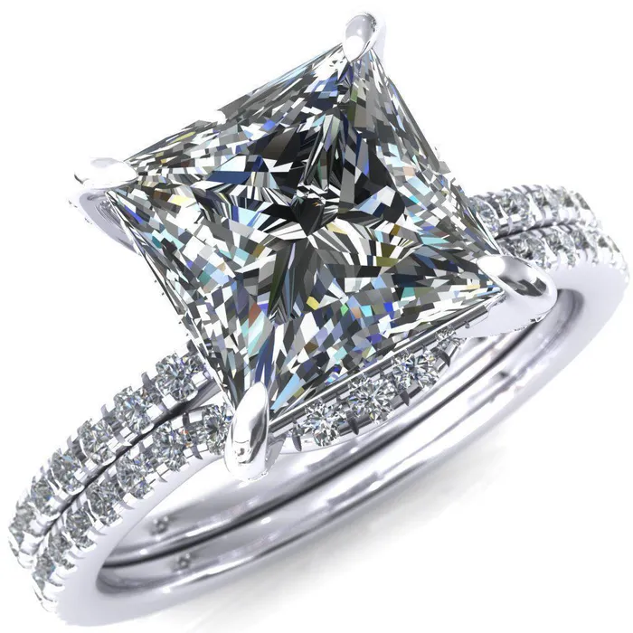 Fire Brilliance Rings Ezili PrincessSquare Moissanite 4 Claw Prong Micro Pave Diamond Sides Engagement Ring