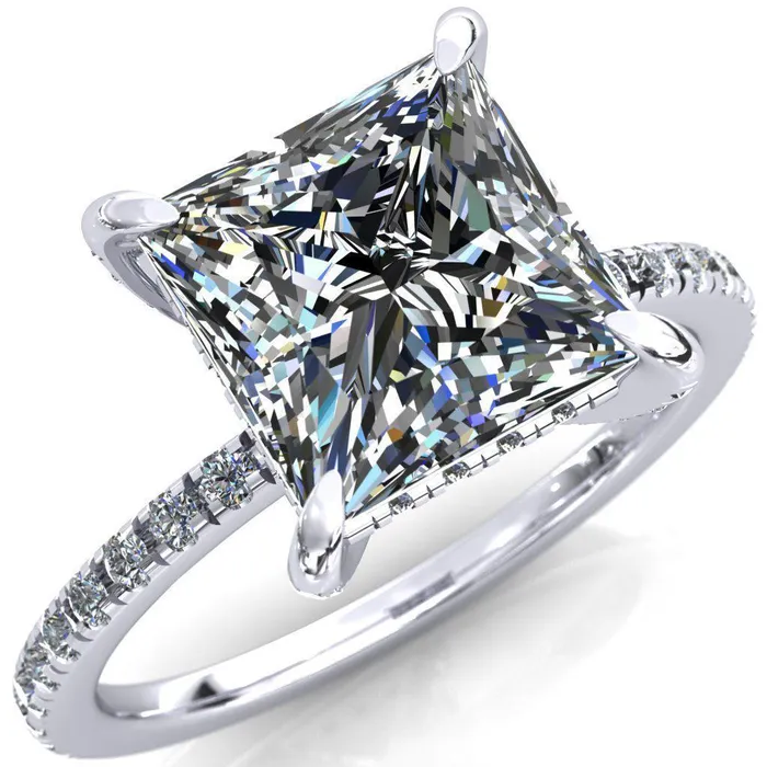 Fire Brilliance Rings Ezili PrincessSquare Moissanite 4 Claw Prong Micro Pave Diamond Sides Engagement Ring