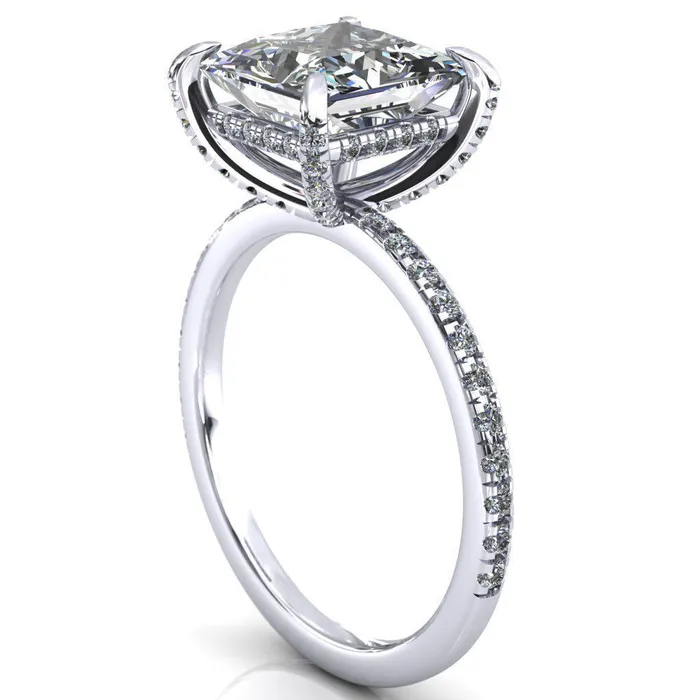 Fire Brilliance Rings Ezili PrincessSquare Moissanite 4 Claw Prong Micro Pave Diamond Sides Engagement Ring