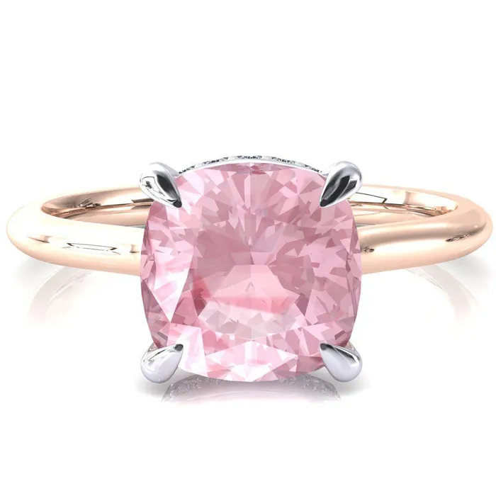 Fire Brilliance Rings Secret Cushion Pink Sapphire 4 Prong Floating Halo Engagement Ring