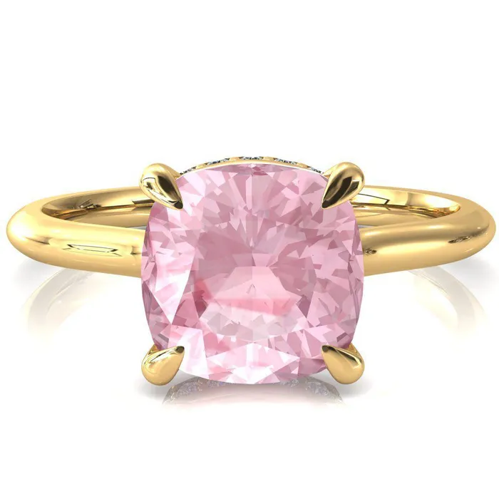 Fire Brilliance Rings Secret Cushion Pink Sapphire 4 Prong Floating Halo Engagement Ring