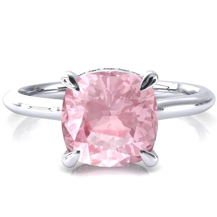 Fire Brilliance Rings Secret Cushion Pink Sapphire 4 Prong Floating Halo Engagement Ring