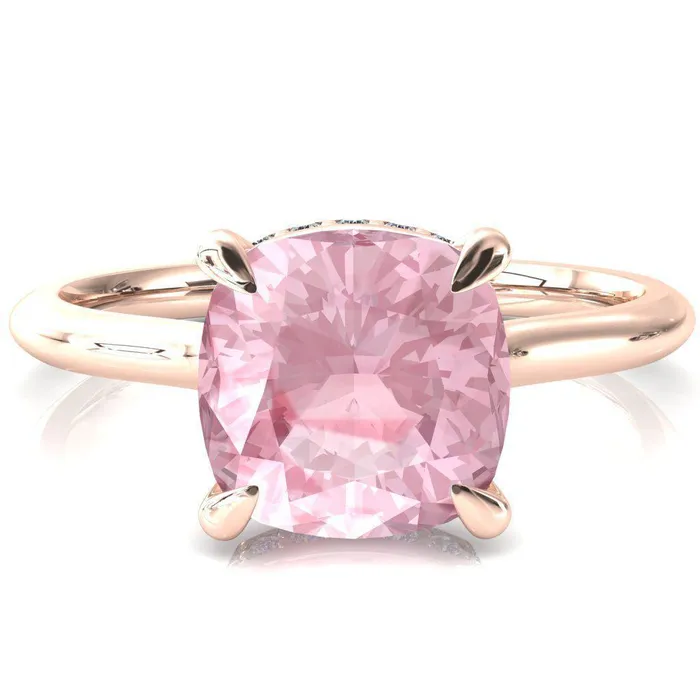 Fire Brilliance Rings Secret Cushion Pink Sapphire 4 Prong Floating Halo Engagement Ring