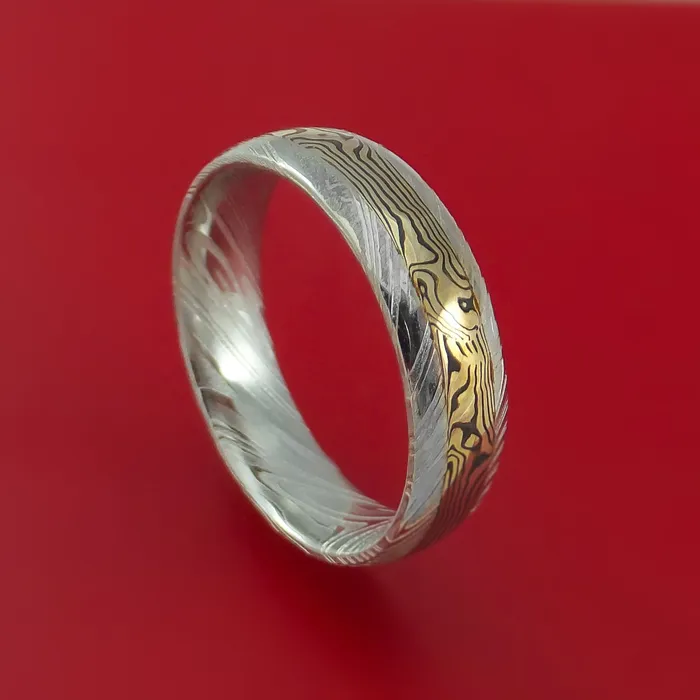 Kuro Damascus Steel Ring with 18k Yellow Gold Mokume Shakudo Inlay Custom Made Band Lashbrook Rings Kuro Damascus Steel Ring with 18k Yellow Gold Mokume Shakudo Inlay Custom Made Band Lashbrook Rings