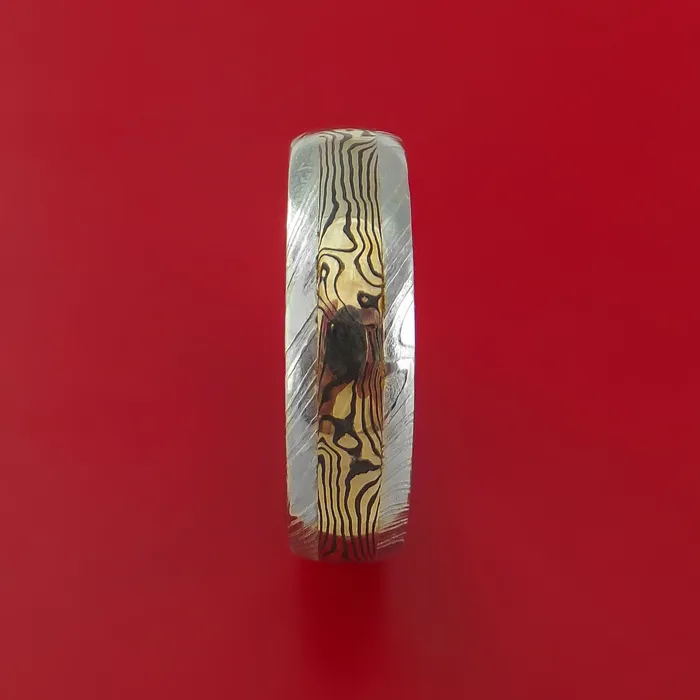 Kuro Damascus Steel Ring with 18k Yellow Gold Mokume Shakudo Inlay Custom Made Band Lashbrook Rings Kuro Damascus Steel Ring with 18k Yellow Gold Mokume Shakudo Inlay Custom Made Band Lashbrook Rings