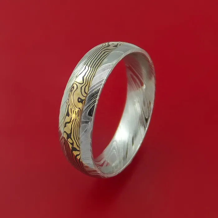 Kuro Damascus Steel Ring with 18k Yellow Gold Mokume Shakudo Inlay Custom Made Band Lashbrook Rings Kuro Damascus Steel Ring with 18k Yellow Gold Mokume Shakudo Inlay Custom Made Band Lashbrook Rings
