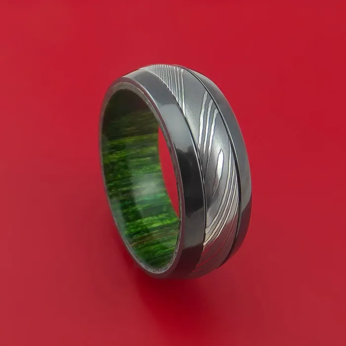 Lashbrook Rings Black Zirconium Ring with Damascus Steel Inlay and Interior Hardwood Sleeve Custom Made Band Lashbrook Rings Black Zirconium Ring with Damascus Steel Inlay and Interior Hardwood Sleeve Custom Made Band