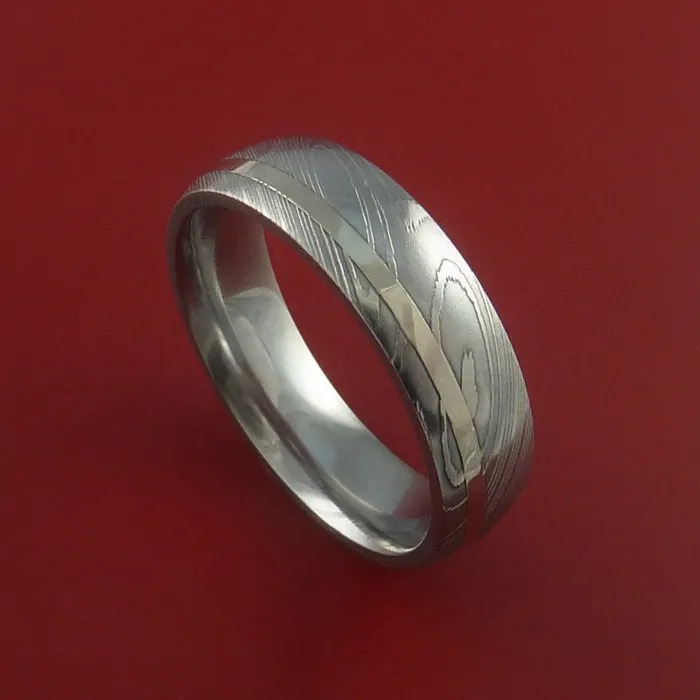 Lashbrook Rings Damascus Steel Ring with 14K White Gold Inlay Custom Made Band Lashbrook Rings Damascus Steel Ring with 14K White Gold Inlay Custom Made Band