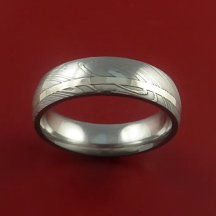Lashbrook Rings Damascus Steel Ring with 14K White Gold Inlay Custom Made Band Lashbrook Rings Damascus Steel Ring with 14K White Gold Inlay Custom Made Band