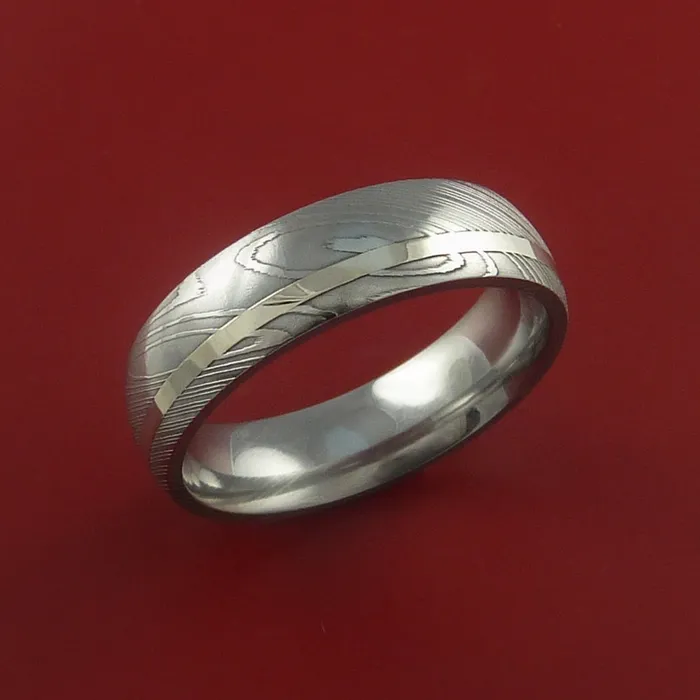 Lashbrook Rings Damascus Steel Ring with 14K White Gold Inlay Custom Made Band Lashbrook Rings Damascus Steel Ring with 14K White Gold Inlay Custom Made Band