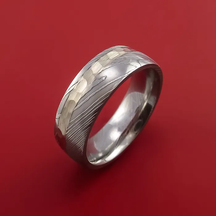 Lashbrook Rings Damascus Steel Ring with 14K White Gold Inlay Custom Made Band Lashbrook Rings Damascus Steel Ring with 14K White Gold Inlay Custom Made Band