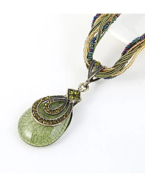 Necklaces 02 N1629 Green Stone Seed Bead Necklace with FREE Earrings
