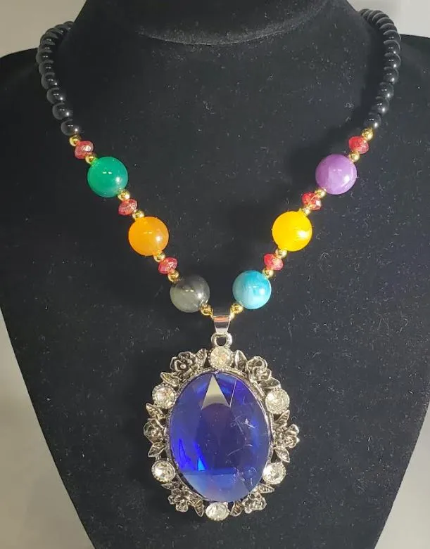 polly N1435 Multi Color Bead Royal Blue Gemstone Necklace with Free Earrings Necklaces