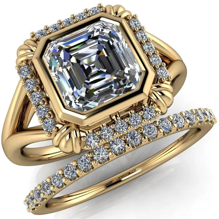 Rings Caldwell Asscher Moissanite Bezel Set Diamond Halo Split Shank Engagement Ring Fire Brilliance Rings Caldwell Asscher Moissanite Bezel Set Diamond Halo Split Shank Engagement Ring Fire Brilliance