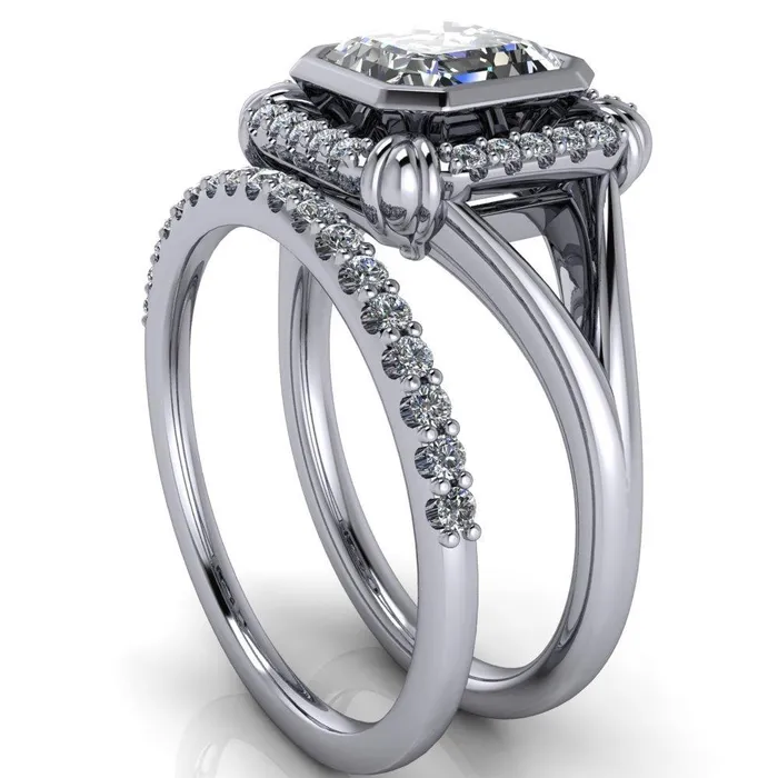 Rings Caldwell Asscher Moissanite Bezel Set Diamond Halo Split Shank Engagement Ring Fire Brilliance 