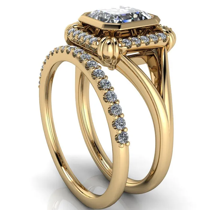 Rings Caldwell Asscher Moissanite Bezel Set Diamond Halo Split Shank Engagement Ring Fire Brilliance 