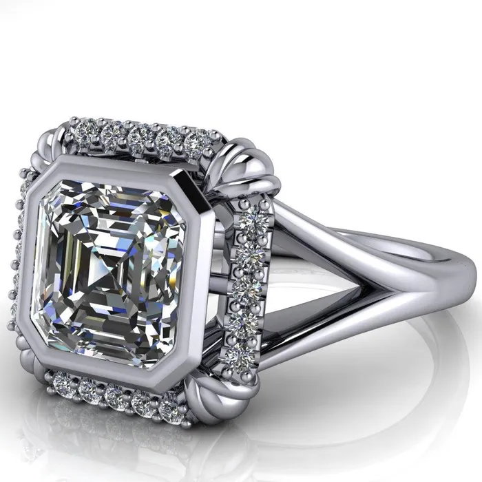Rings Caldwell Asscher Moissanite Bezel Set Diamond Halo Split Shank Engagement Ring Fire Brilliance 