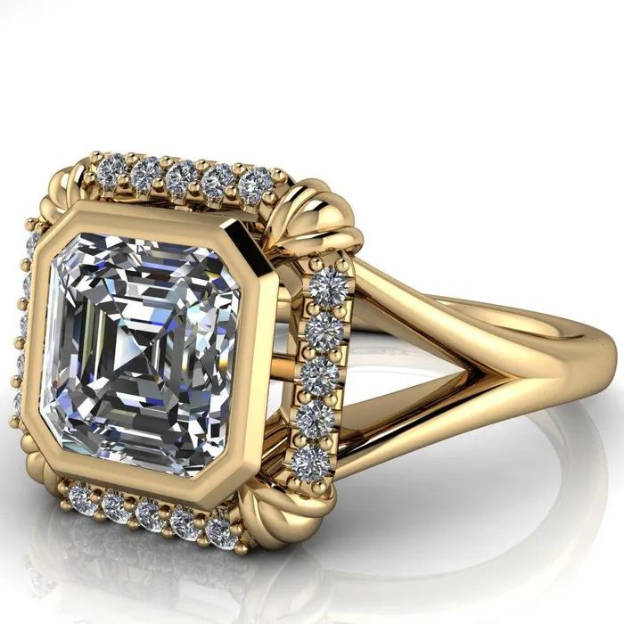 Rings Caldwell Asscher Moissanite Bezel Set Diamond Halo Split Shank Engagement Ring Fire Brilliance 