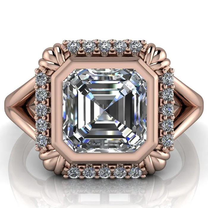 Rings Caldwell Asscher Moissanite Bezel Set Diamond Halo Split Shank Engagement Ring Fire Brilliance 