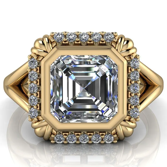 Rings Caldwell Asscher Moissanite Bezel Set Diamond Halo Split Shank Engagement Ring Fire Brilliance 