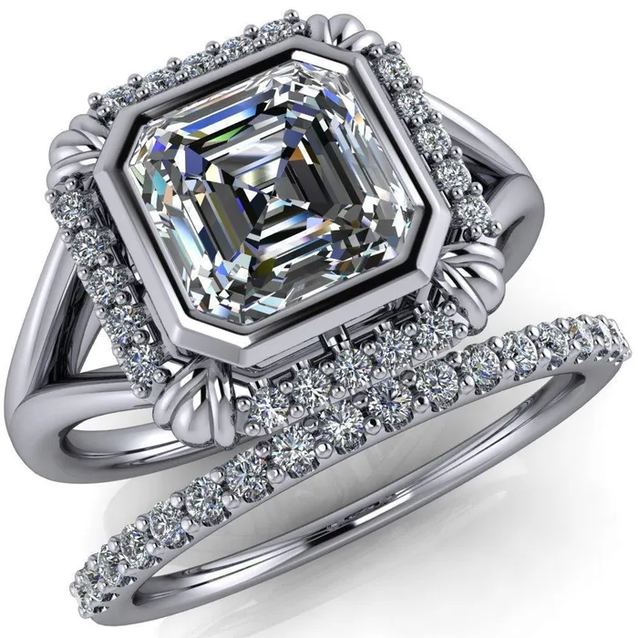Rings Caldwell Asscher Moissanite Bezel Set Diamond Halo Split Shank Engagement Ring Fire Brilliance 