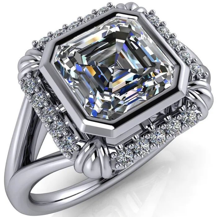 Rings Caldwell Asscher Moissanite Bezel Set Diamond Halo Split Shank Engagement Ring Fire Brilliance 