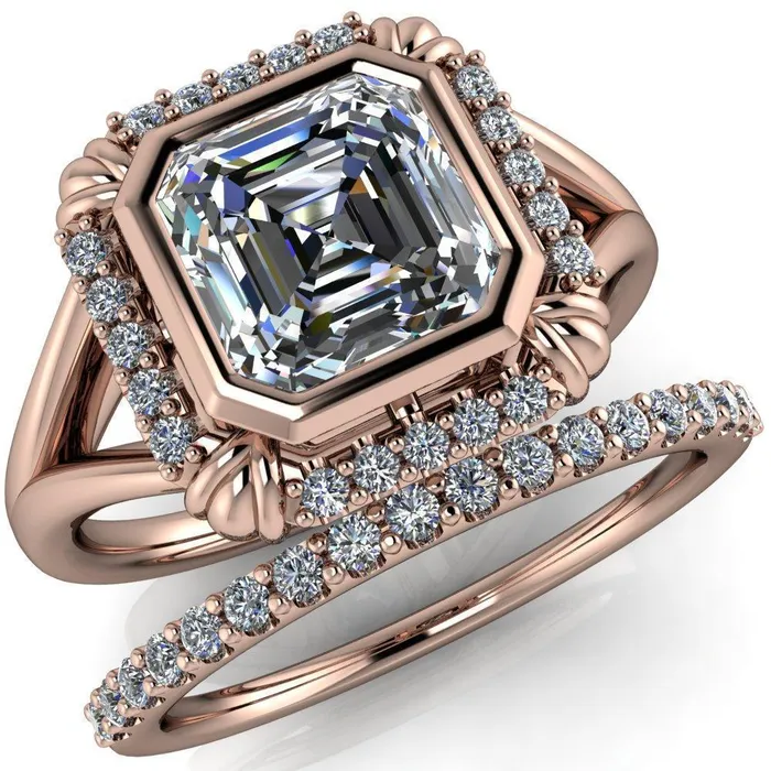 Rings Caldwell Asscher Moissanite Bezel Set Diamond Halo Split Shank Engagement Ring Fire Brilliance 
