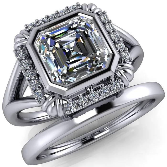 Rings Caldwell Asscher Moissanite Bezel Set Diamond Halo Split Shank Engagement Ring Fire Brilliance 