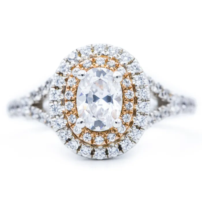 Rings Fire Brilliance 7x5mm Oval Center 14K TwoTone White Rose Gold Halo Ring Rings Fire Brilliance 7x5mm Oval Center 14K TwoTone White Rose Gold Halo Ring