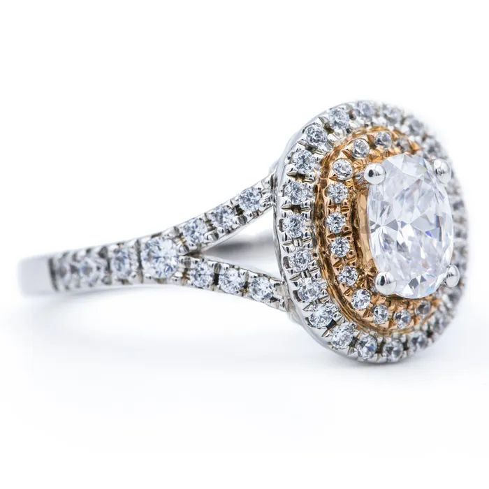 Rings Fire Brilliance 7x5mm Oval Center 14K TwoTone White Rose Gold Halo Ring