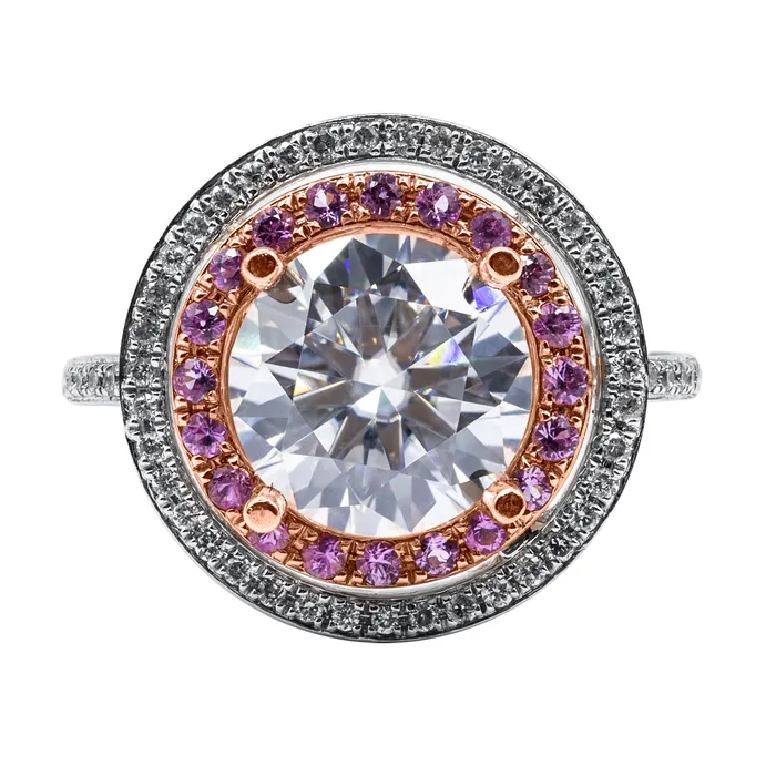 Rings Fire Brilliance 8mm Round Moissanite Diamond Pink Sapphire 14k Gold Double Halo Ring Rings Fire Brilliance 8mm Round Moissanite Diamond Pink Sapphire 14k Gold Double Halo Ring