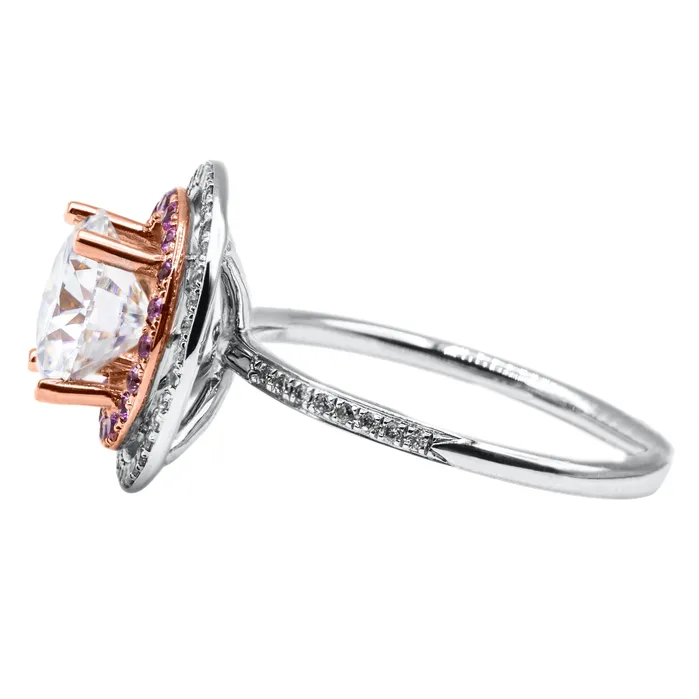 Rings Fire Brilliance 8mm Round Moissanite Diamond Pink Sapphire 14k Gold Double Halo Ring